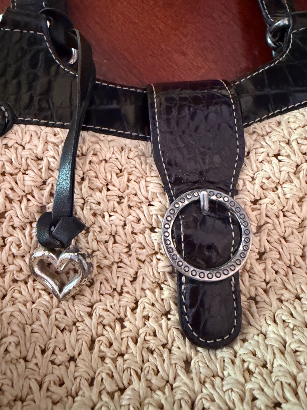 Brighton Straw Handbag with Black Croc-Leather Trim And Brighton Heart Charm - Picture 11 of 11